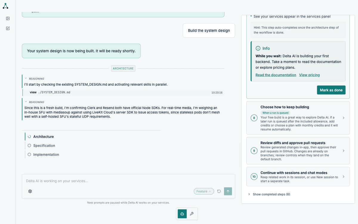 Live activity feed showing the architecture agent reasoning and calling tools