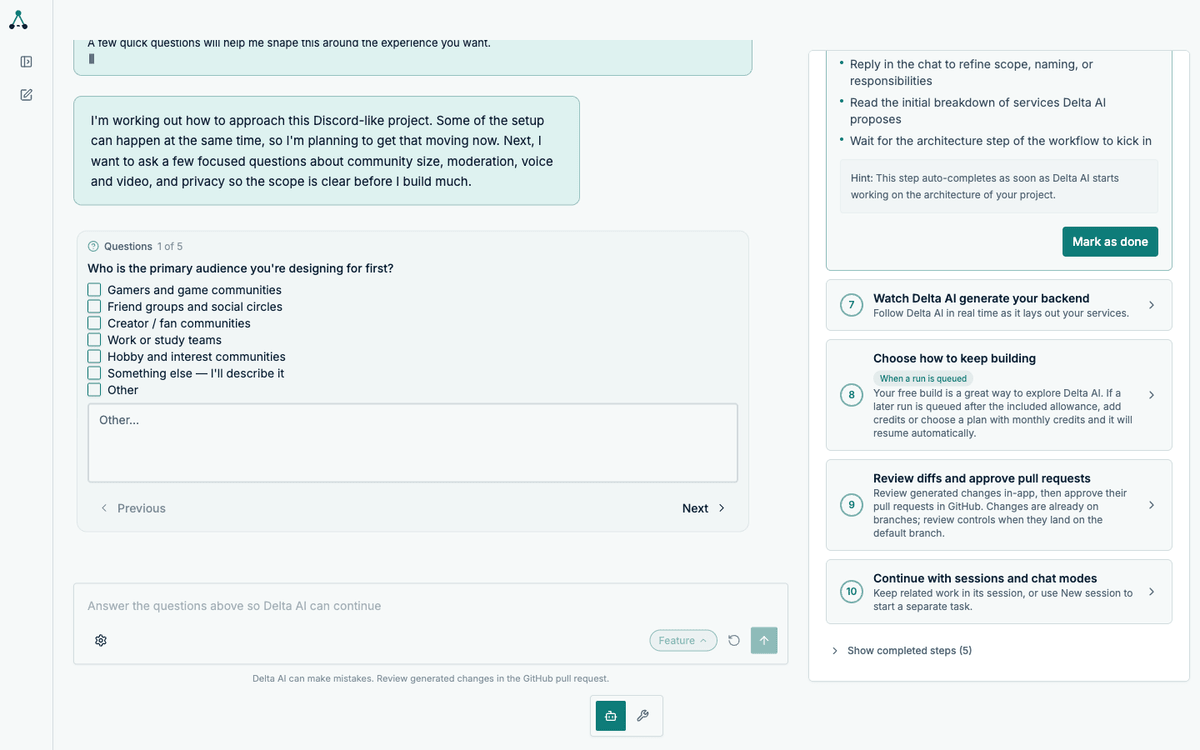 Clarifying questions card showing a question about the primary audience with selectable answers