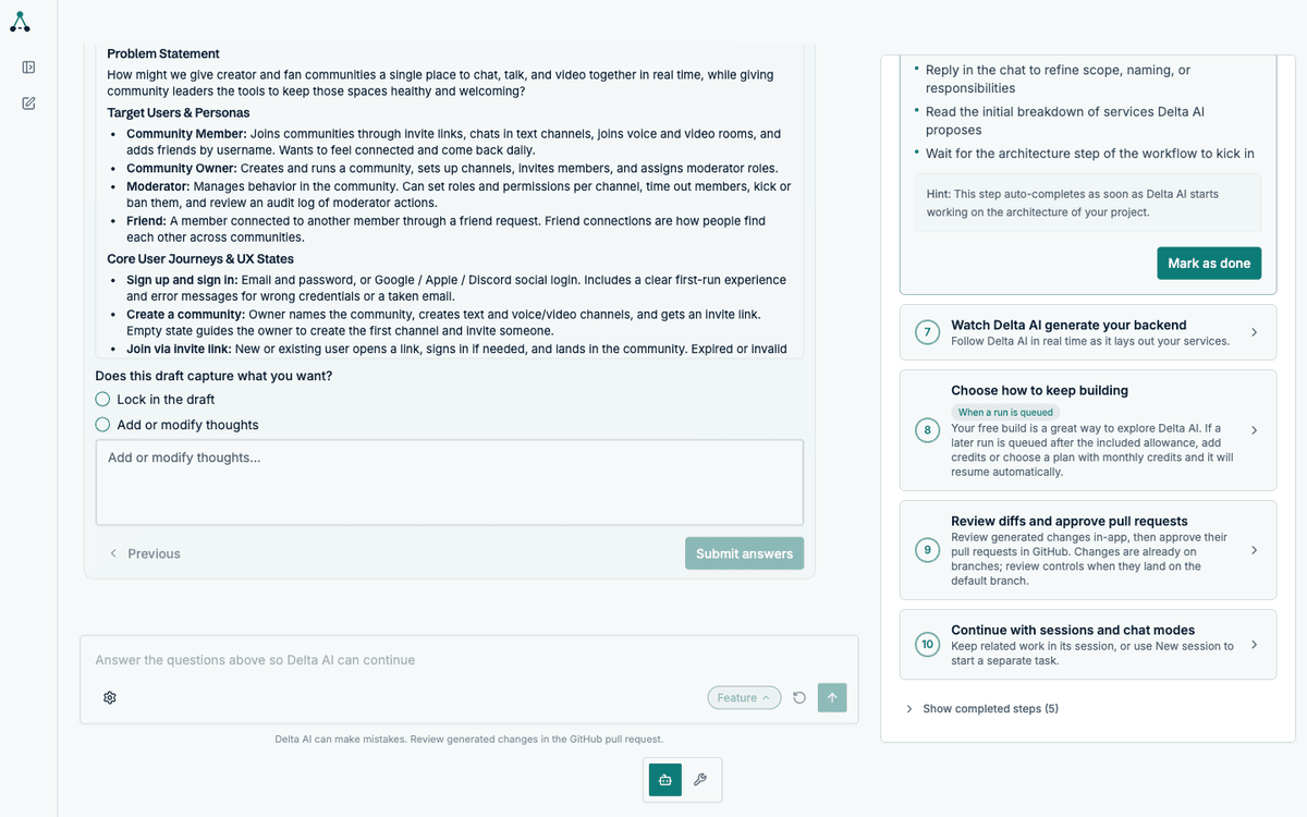 Draft review panel showing the interpreted requirements with a submit action