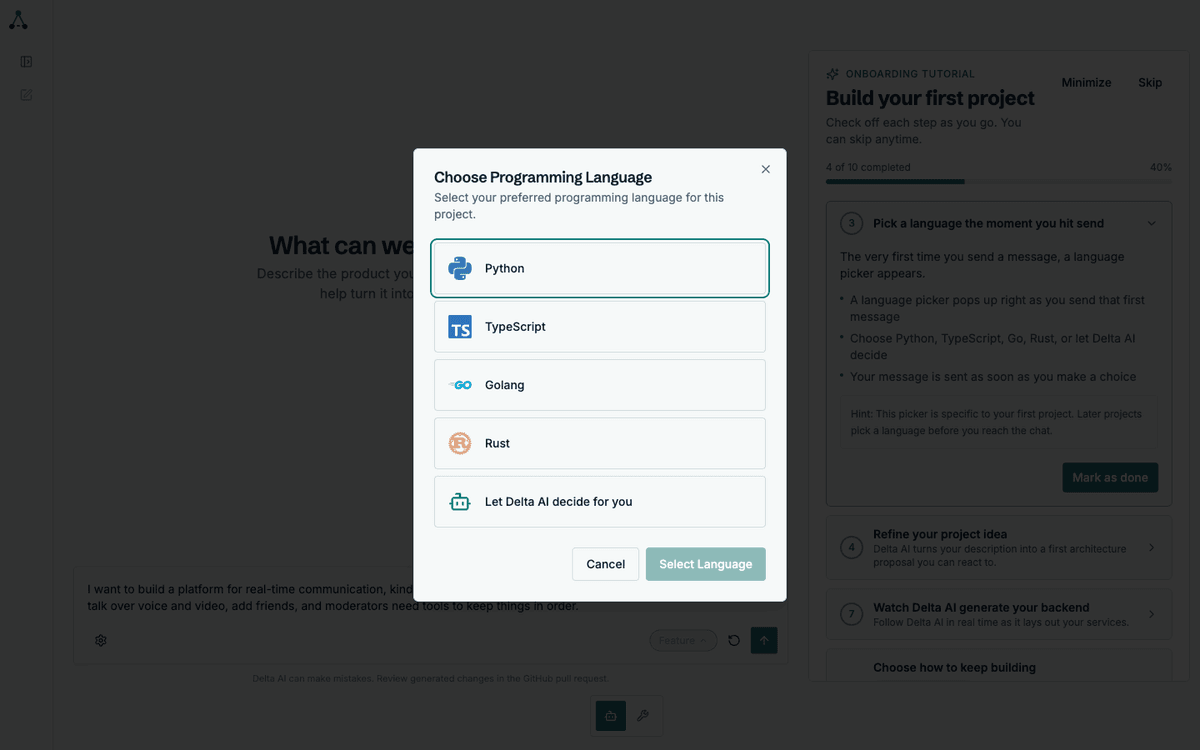 Programming language picker showing TypeScript, Python, Go and Rust