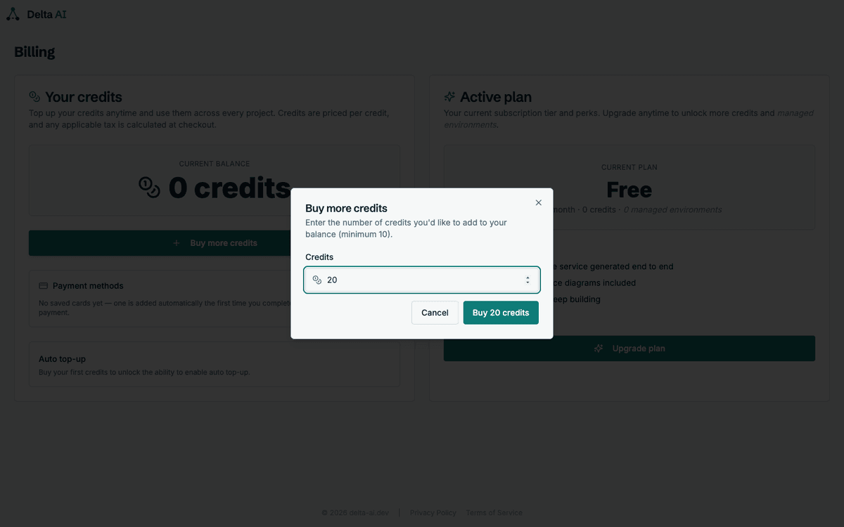 Credit top-up dialog with a credit amount selector