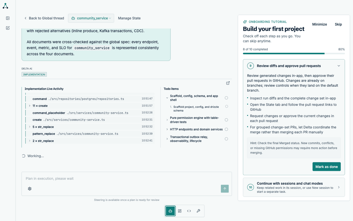 Live activity feed during implementation showing file edits, shell commands and validation runs