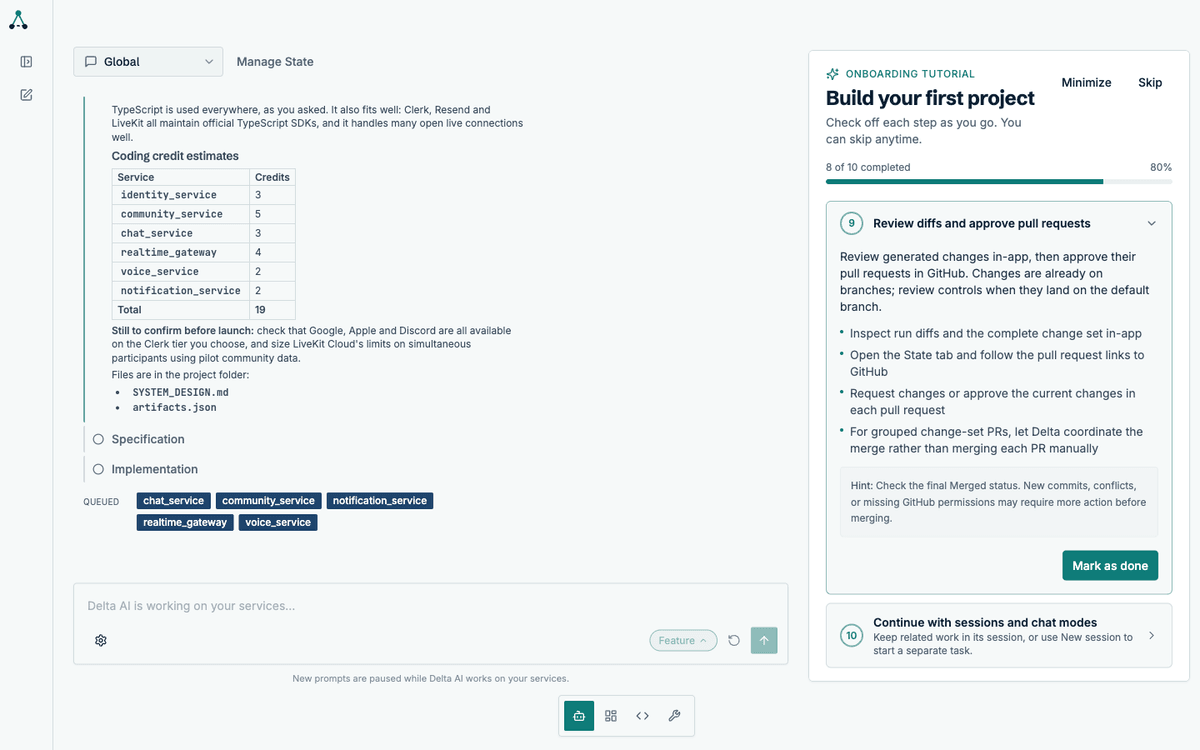 Workflow panel showing Architecture, Specification and Implementation steps with their status