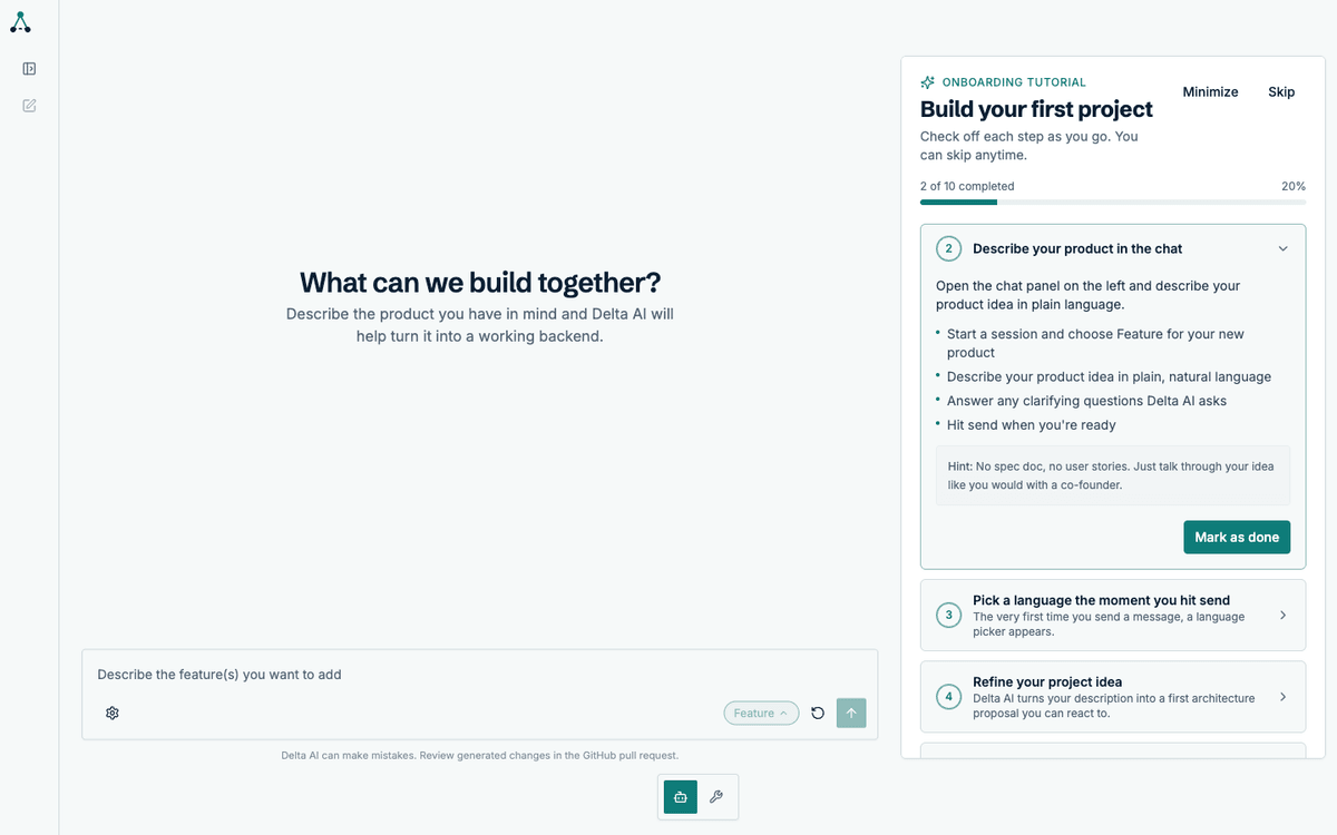 Onboarding tutorial panel in a fresh workspace showing two of ten steps completed