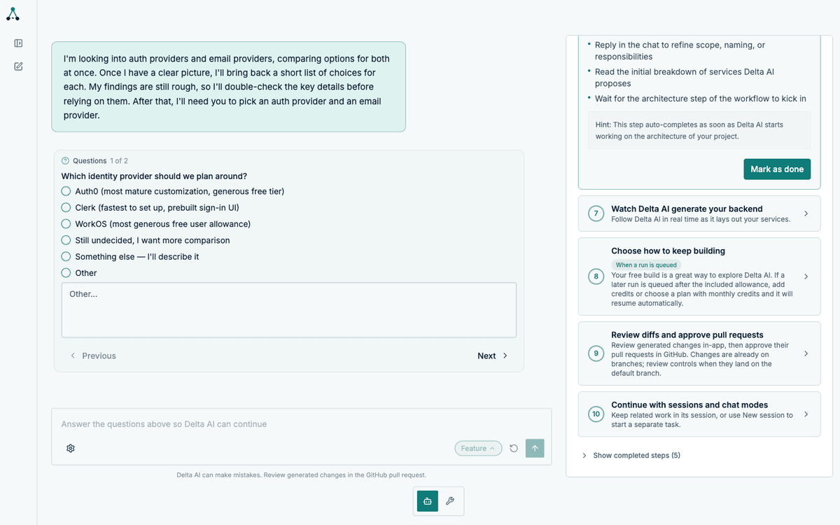 Provider choice card with researched options and a free-text alternative