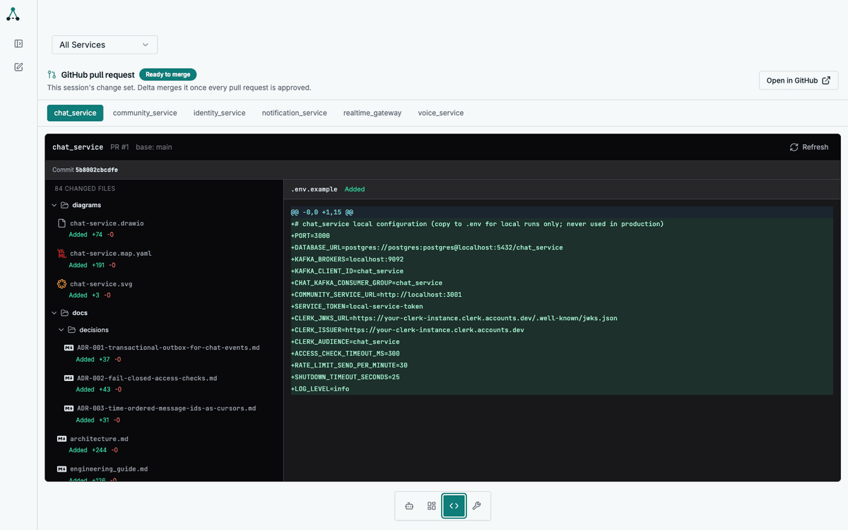 Code review tab showing a file tree with added and removed line counts next to a unified diff